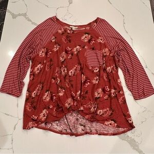Loralette Plus Size Floral Striped Cotton Linen Pullover Top 2X Boho Cottagecore